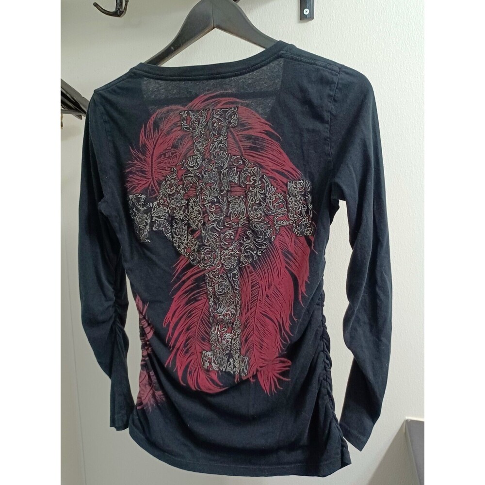 Affliction Shirt Women medium M y2k Ruched wings Feather cross punk Black Vtg